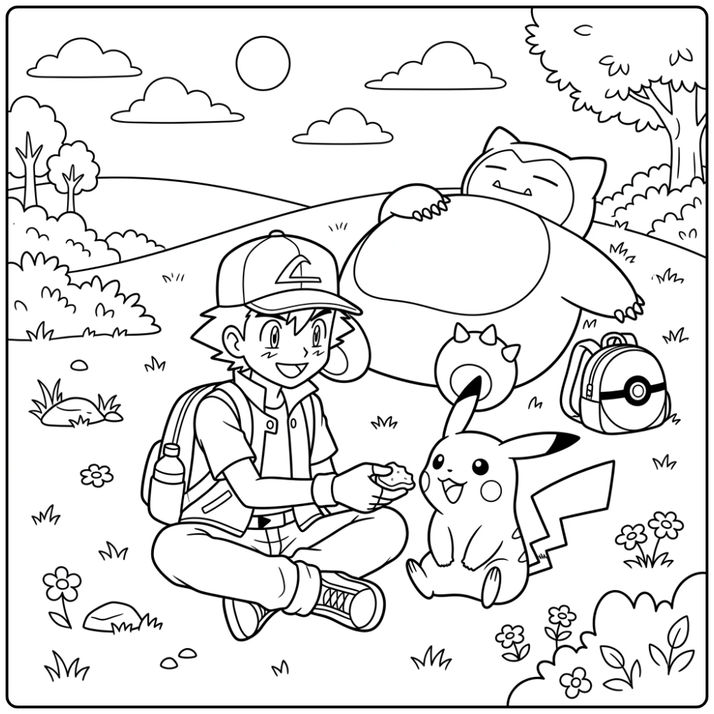 Vriendelijke kleurplaat pokemon ash: Ash deelt eten met Pikachu.