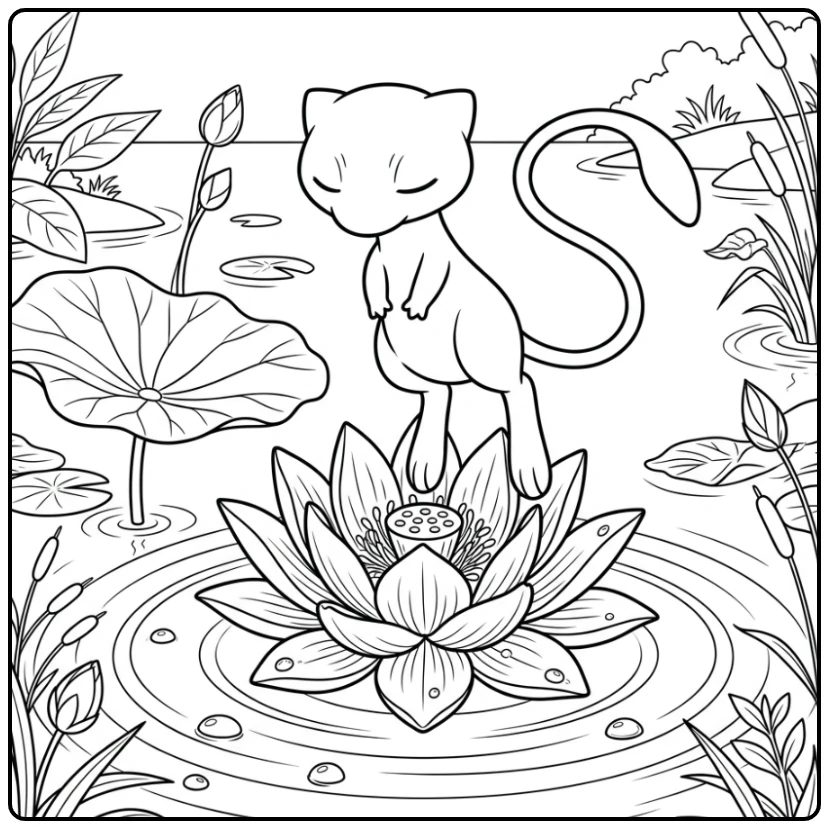 Gedetailleerde mew kleurplaat met waterdruppels en bloem