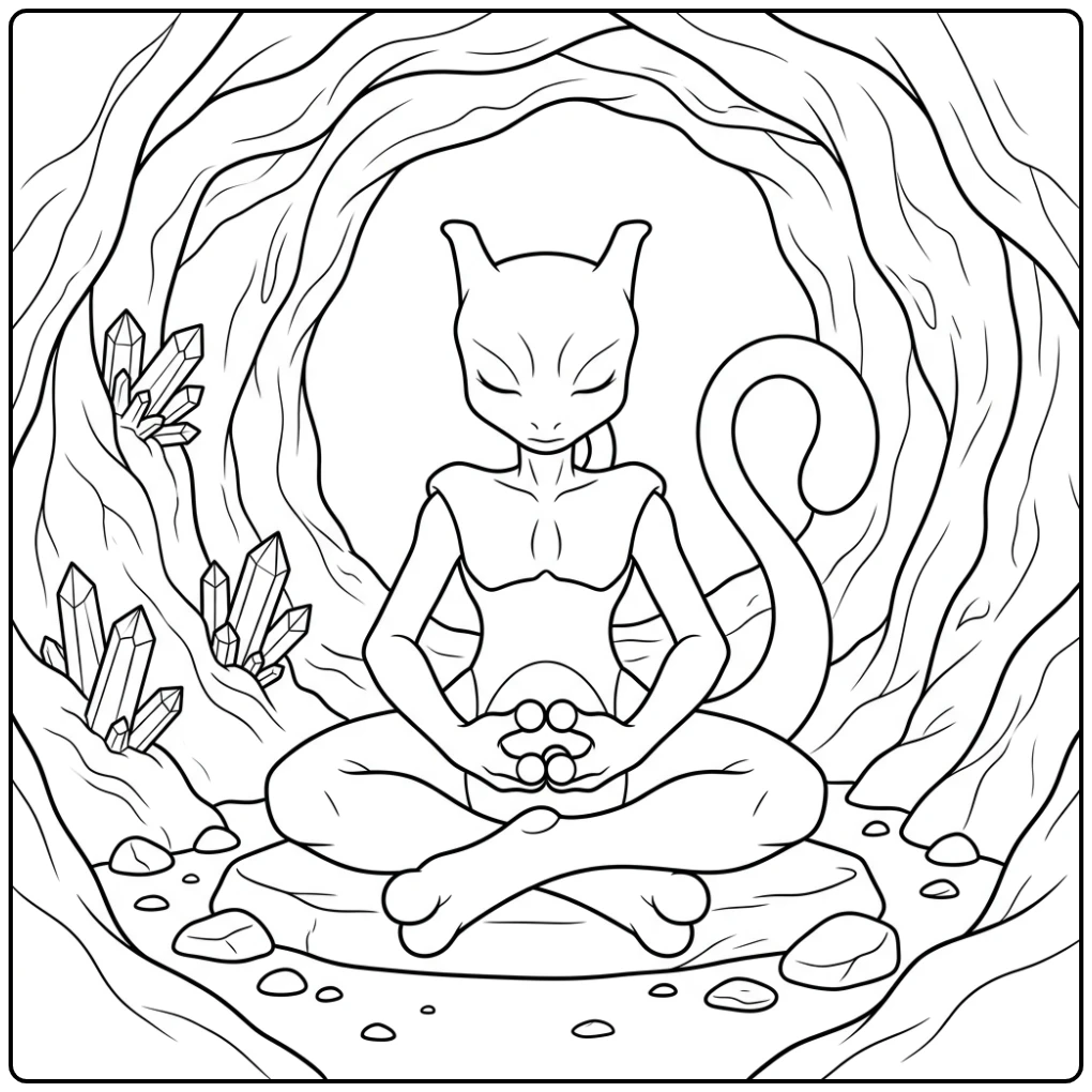 Mediterende mewtwo kleurplaat in een rustige grot.