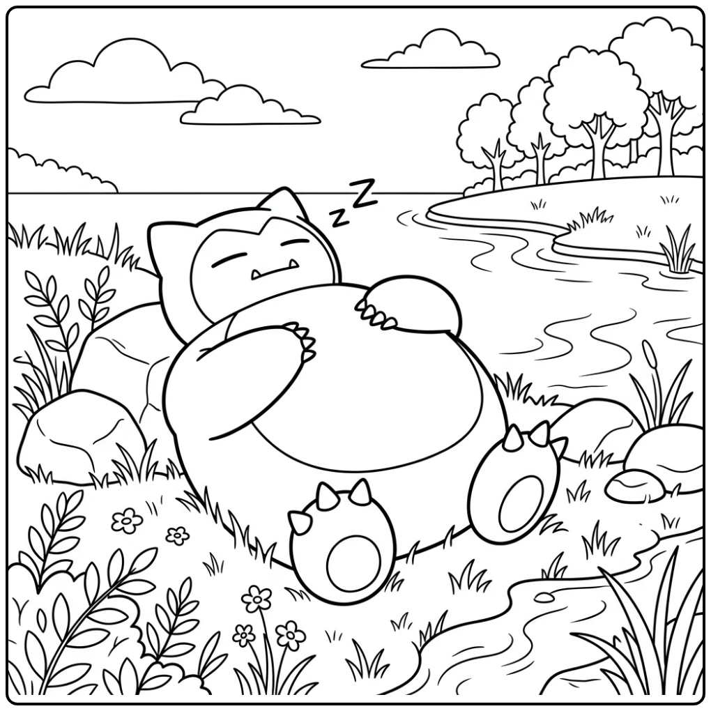 Snorlax kleurplaat: slapende Snorlax aan het meer met rustige omgeving.