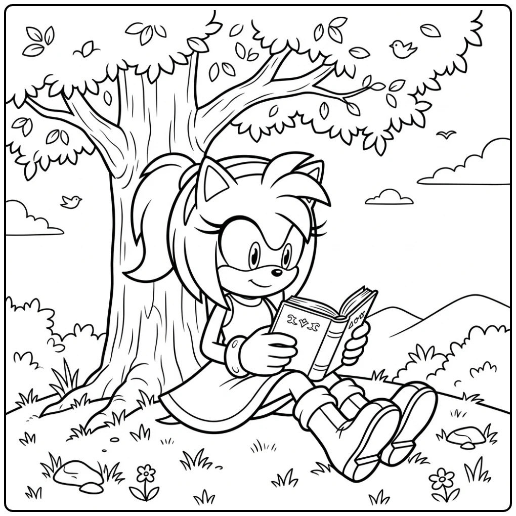 Amy leest vreedzaam onder een boom - een amy sonic kleurplaat.