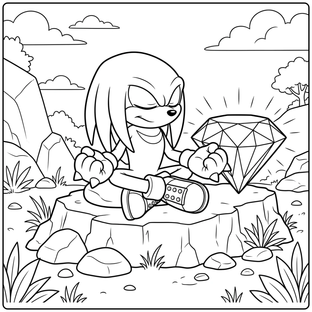 Knuckles kleurplaat: Mediterende Knuckles bij Master Emerald.