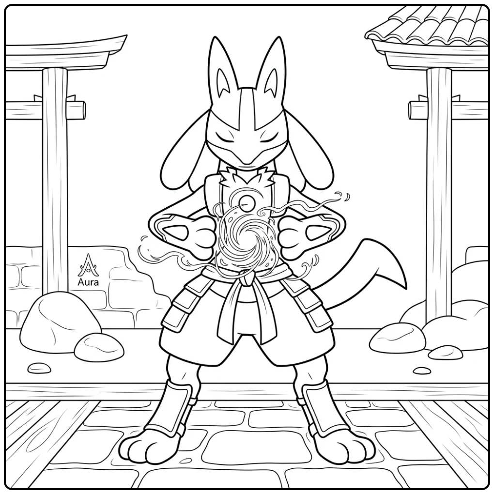 Lucario kleurplaat: aura concentratie op serene trainingsgrond.