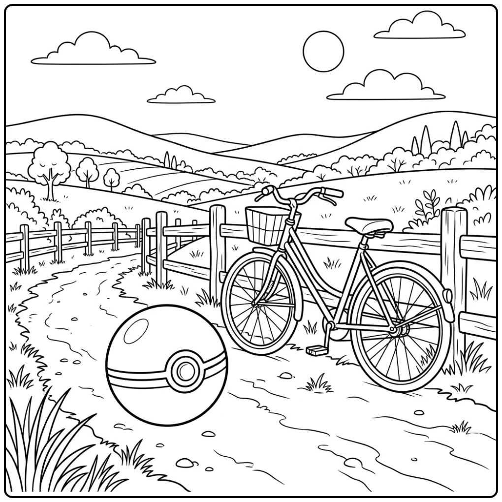 pokemon bal kleurplaat op landweg met fiets en hek