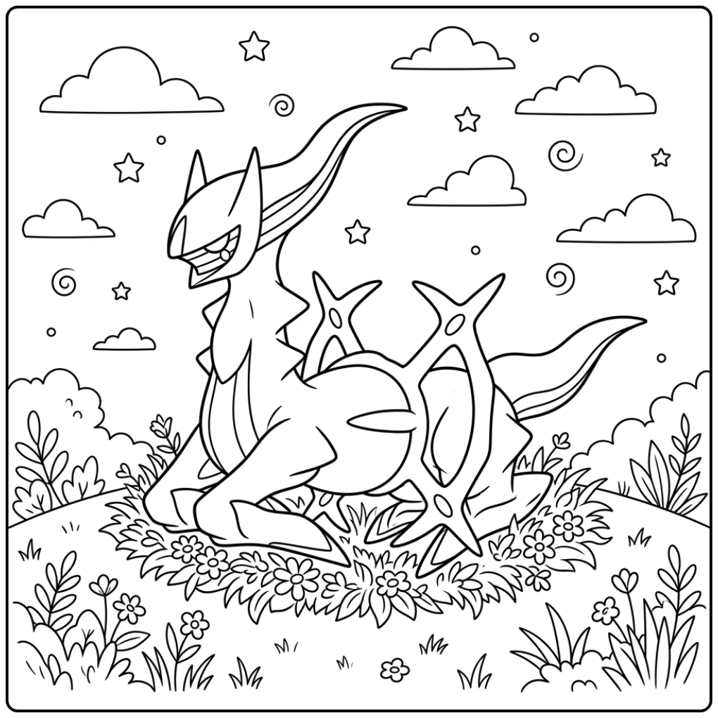 pokemon kleurplaat arceus rustend in een sereen sterrenveld