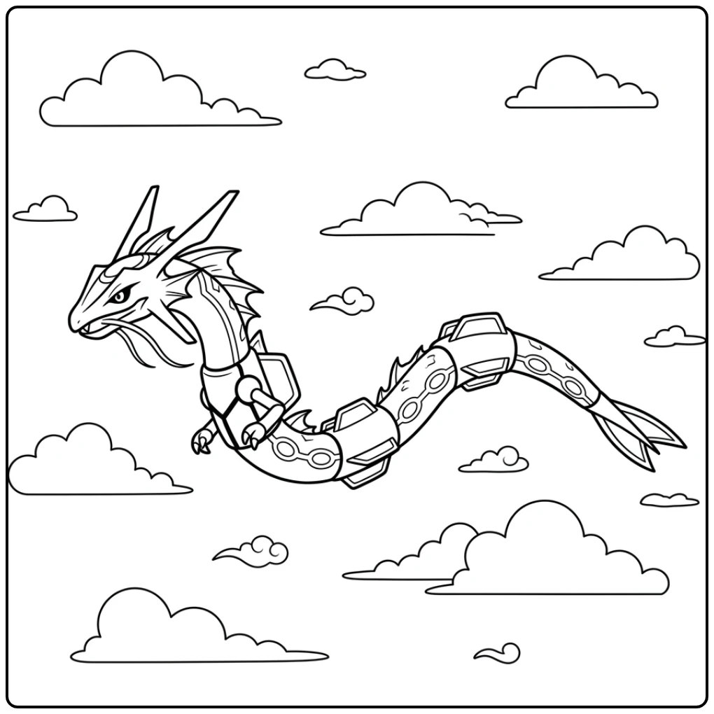 Majestueuze rayquaza kleurplaat in de lucht zwevend tussen wolken.