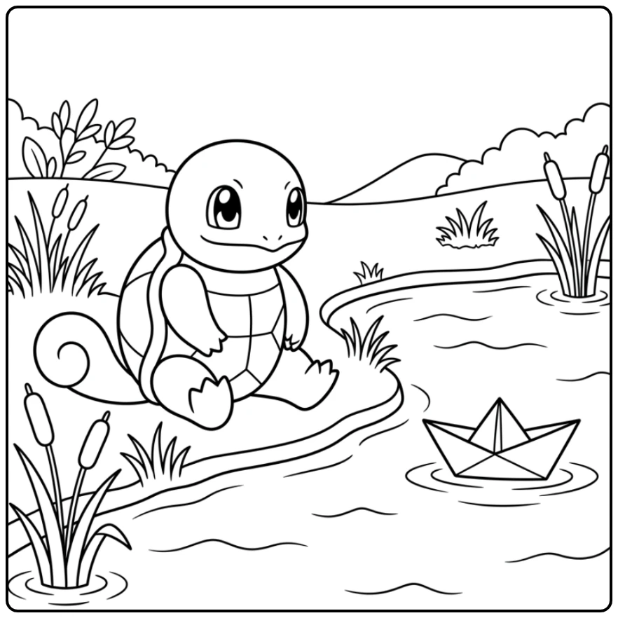 Squirtle kleurplaat: kijkt kalm naar papieren bootje op vijver.