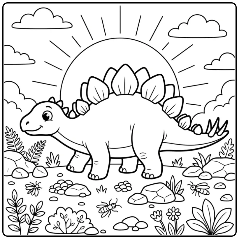 Een schattige Stegosaurus dino kleurplaat op rotsachtig terrein.