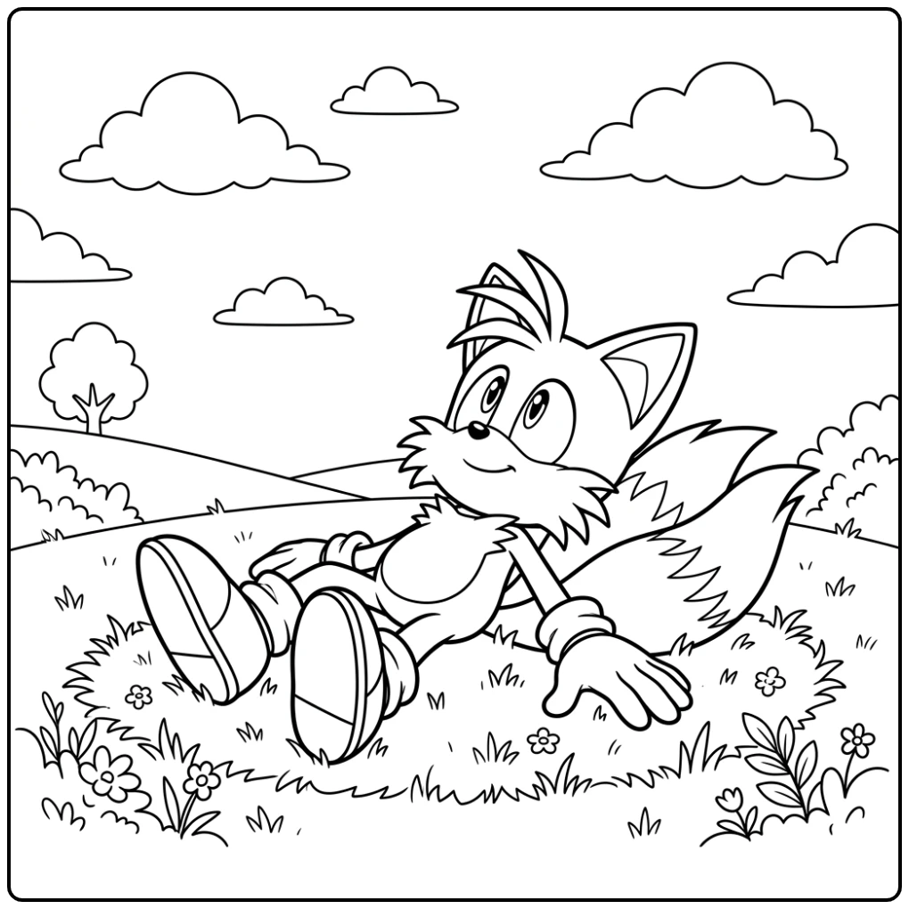 Ontspannen Tails kleurplaat, liggend en vredig omhoog kijkend.