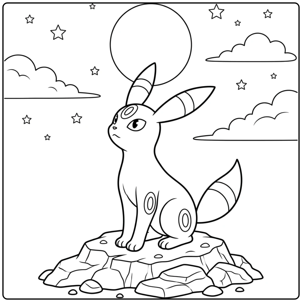 Maanlicht Umbreon kleurplaat op rotsachtige heuvel, oren omhoog