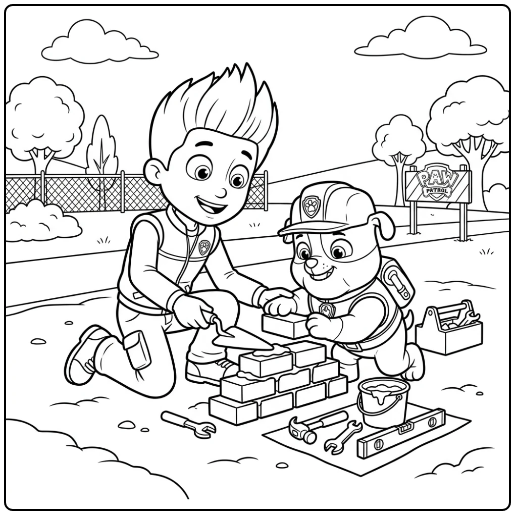 ryder paw patrol kleurplaat: Ryder helpt Rubble met bouwproject.