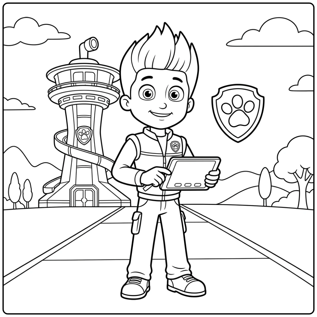 Ryder met tablet, zwevend Paw Patrol logo, paw patrol kleurplaat makkelijk