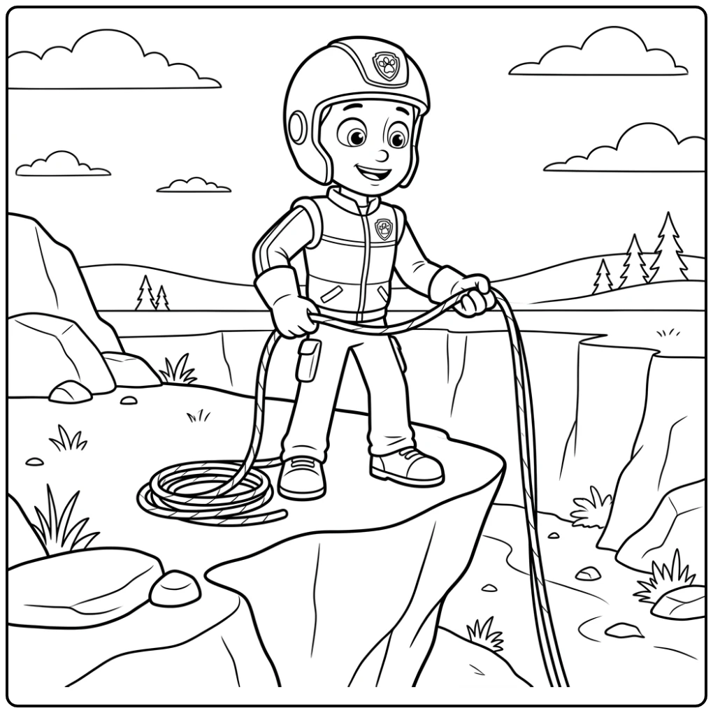 Ryder Paw Patrol kleurplaat: Ryder met reddingskoord bij klifrand