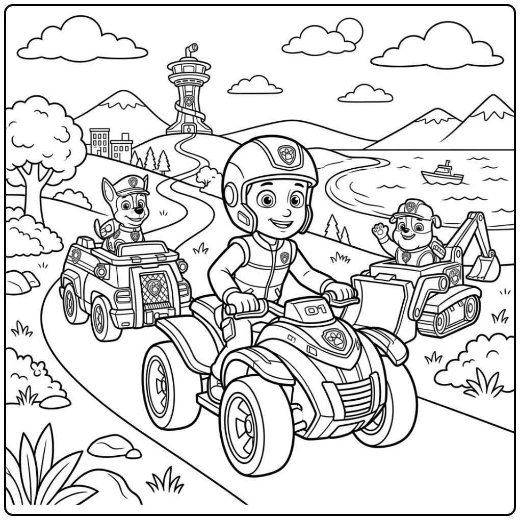 Avontuurlijke ryder paw patrol kleurplaat met Ryder, Chase en Rubble.