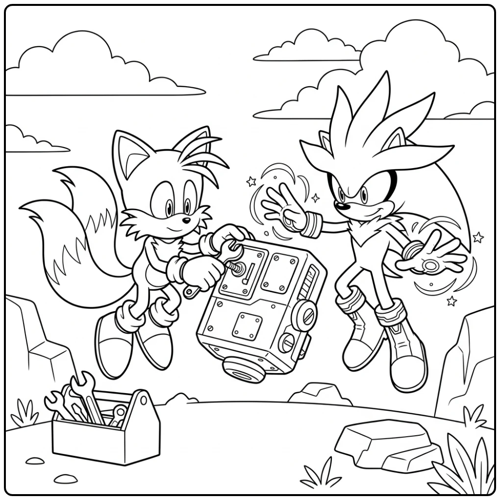 Tails en Silver fixen een zwevend object, een toffe tails kleurplaat.