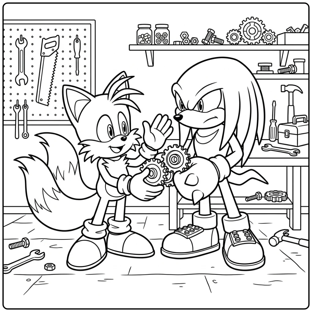 Tails en Knuckles tillen machineonderdeel: jouw tails kleurplaat.