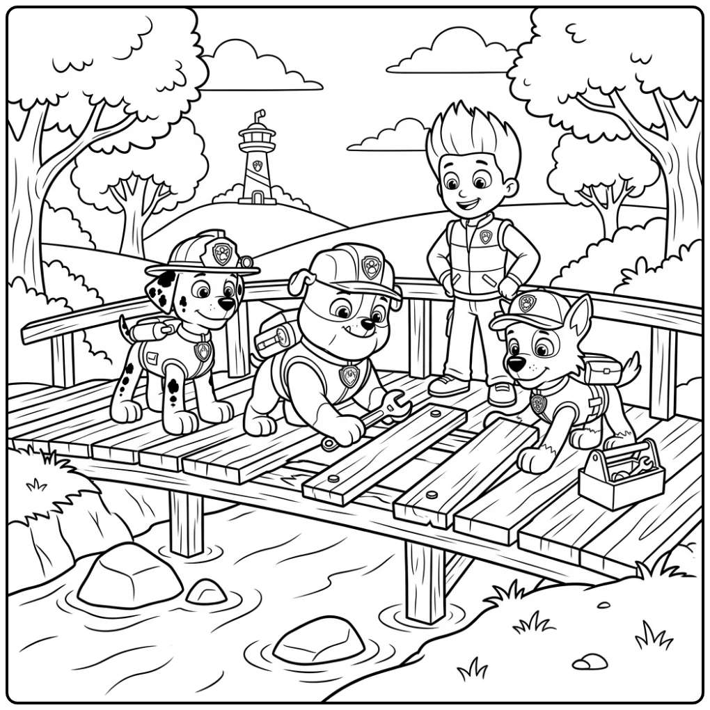 Avontuurlijke kleurplaat paw patrol rubble: Rubble herstelt brug met zijn team.