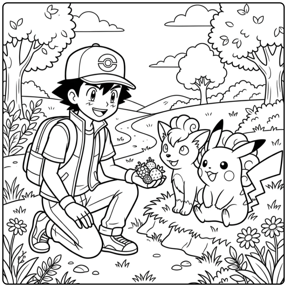 Schattige pikachu kleurplaat met Vulpix en Satoshi in het bos