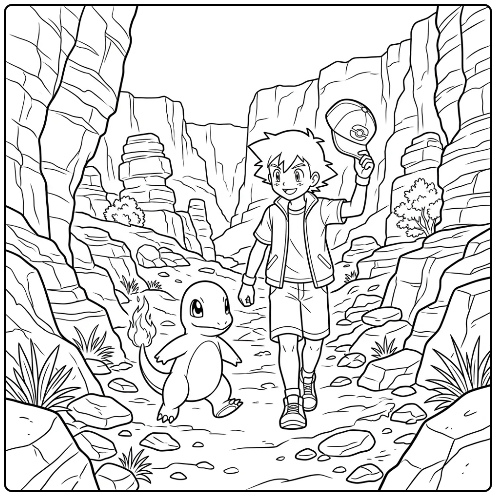 Satoshi en vastberaden charmander kleurplaat in een ravijn