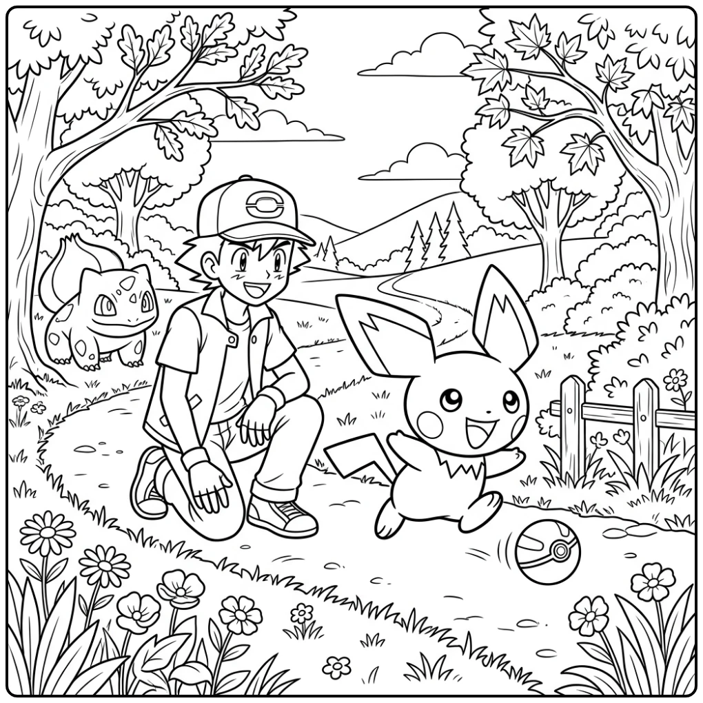 Vrolijke kleurplaat pichu die achter een bal aan rent.