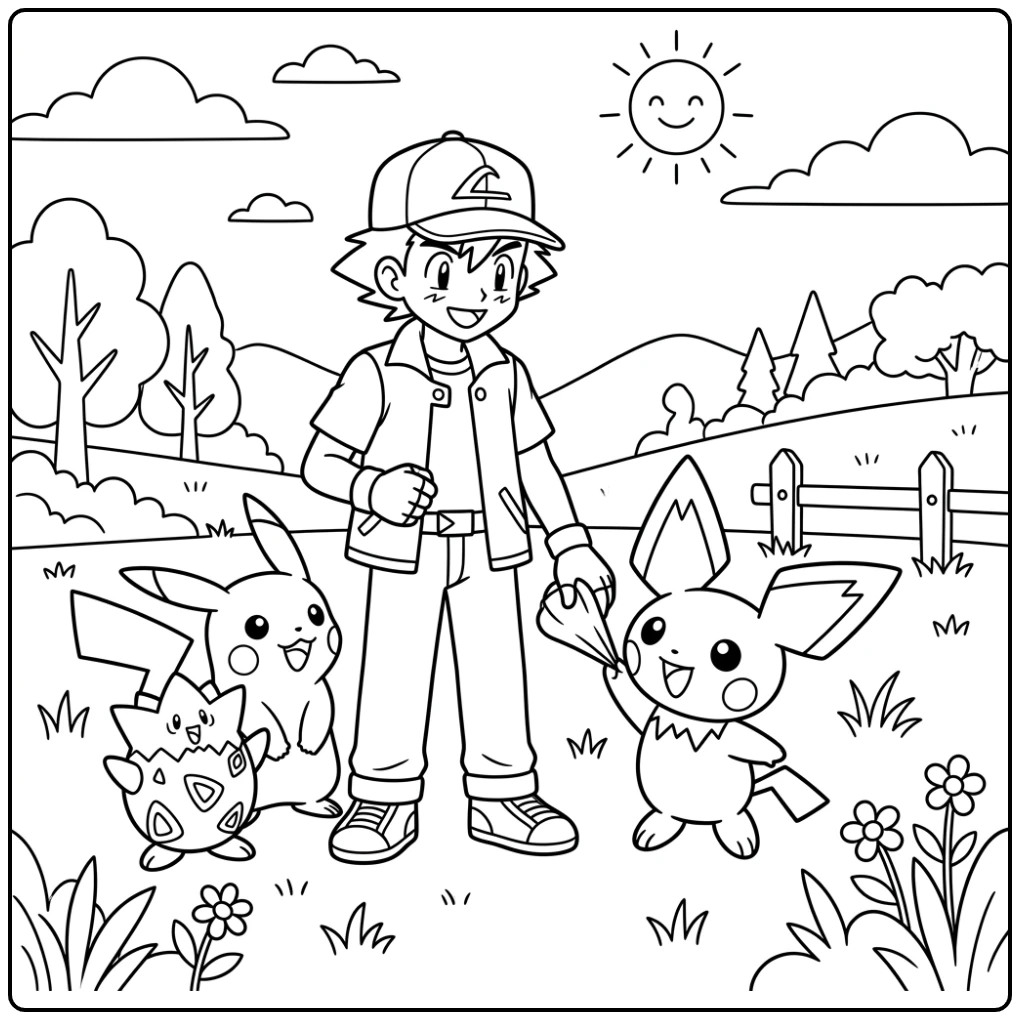 Leuke kleurplaat pichu die aan Satoshi's handschoen trekt.