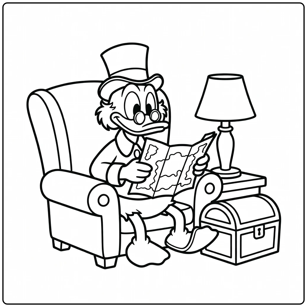 Dagobert Duck leest een schatkaart in zijn stoel. kleurplaat dagobert duck.