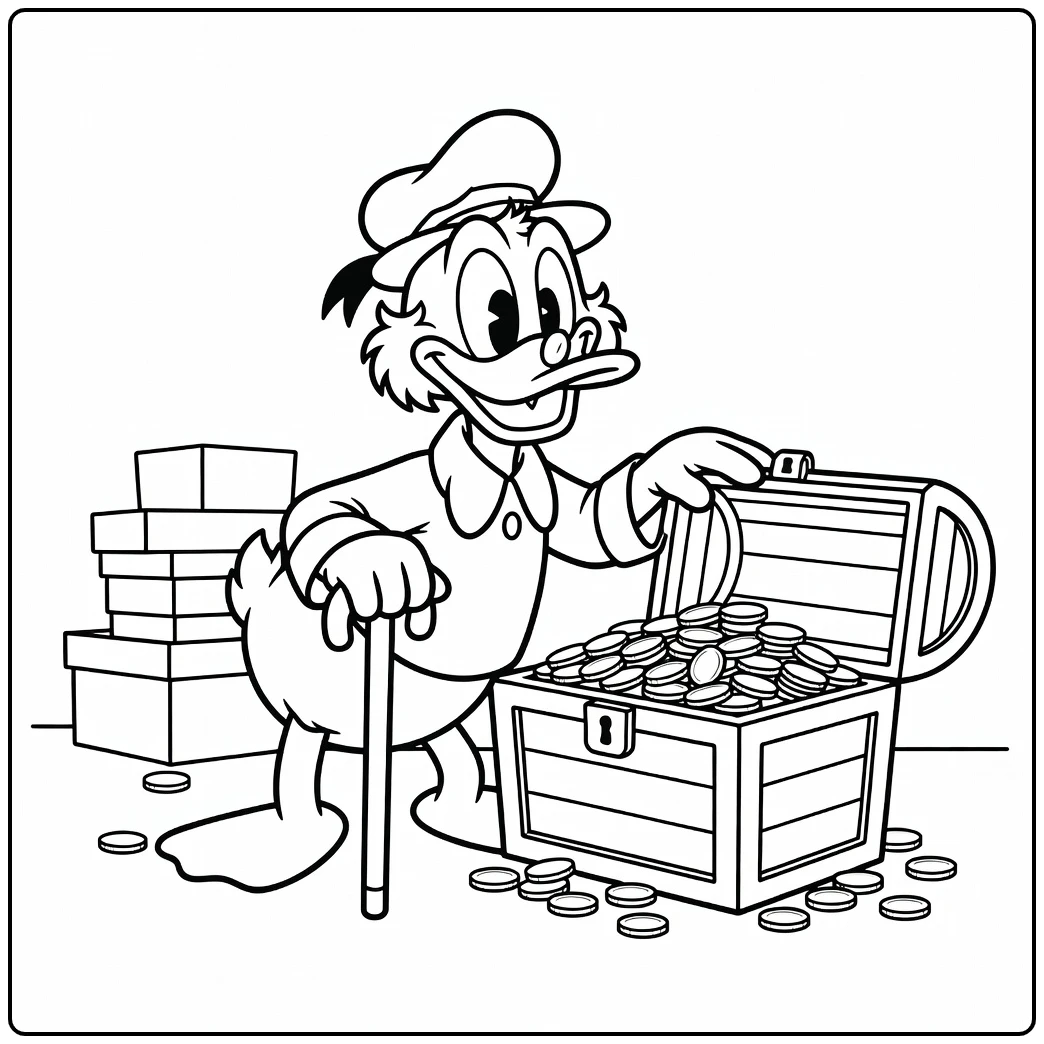 Dagobert Duck met schatkist, perfecte kleurplaat dagobert duck