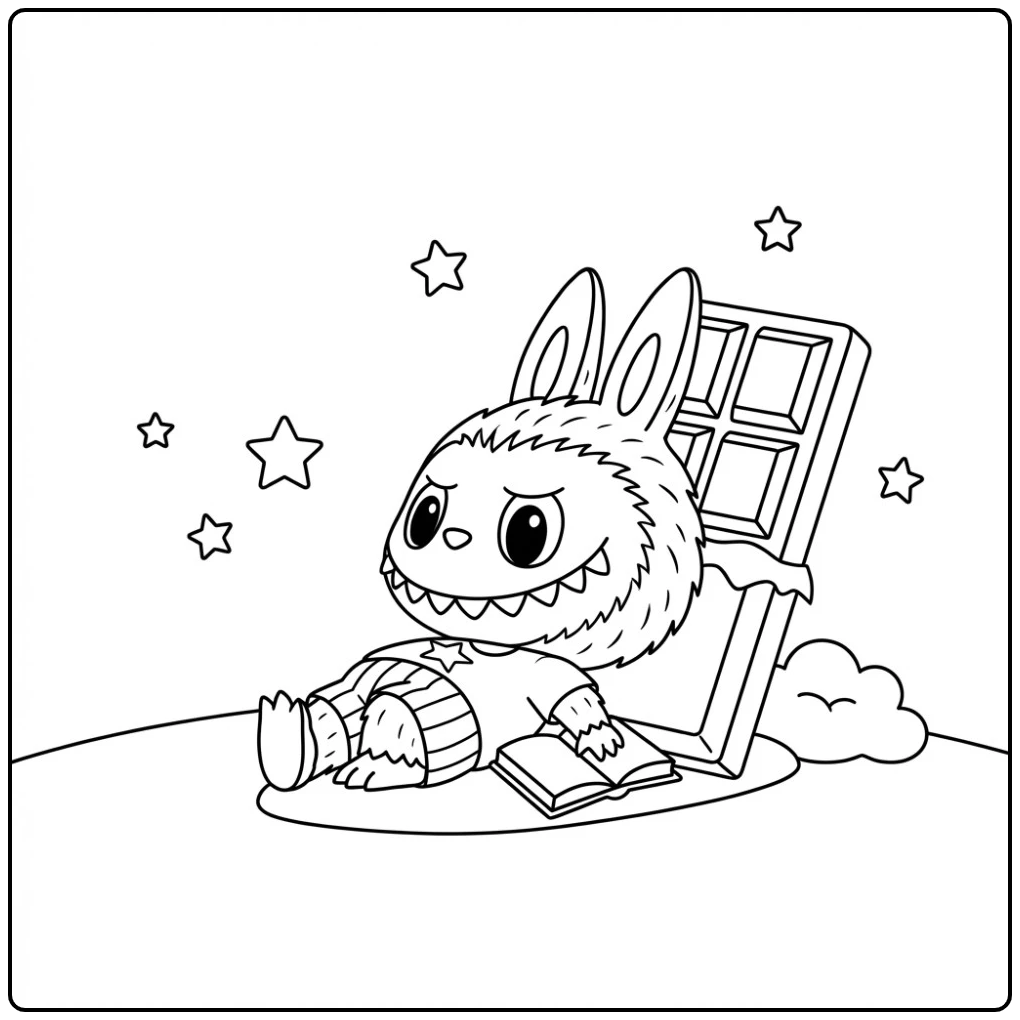 TRiangle Chocolate kleurplaat: Monster leest boek bij een grote reep.