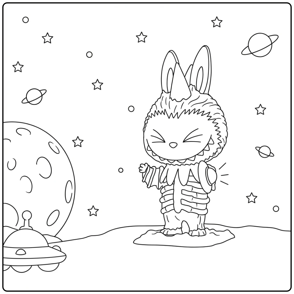 Alien Kaiju Kleurplaat van een schattig monstertje op de maan.