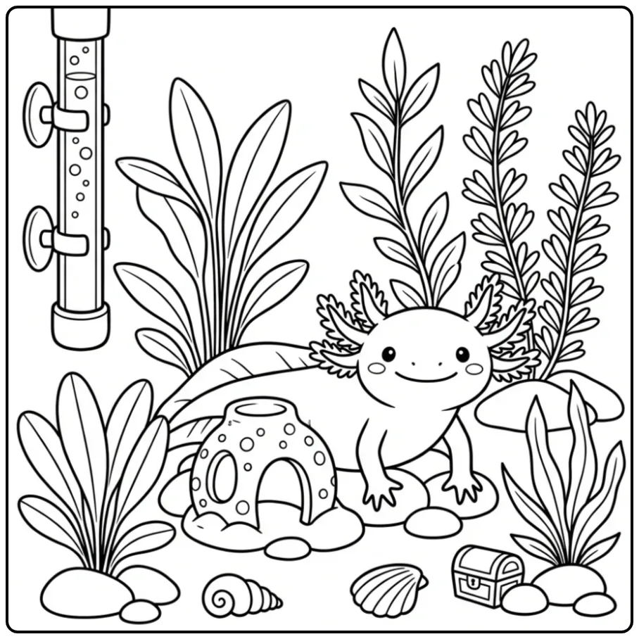 Leuke axolotl kleurplaat bij een keramisch grotje.