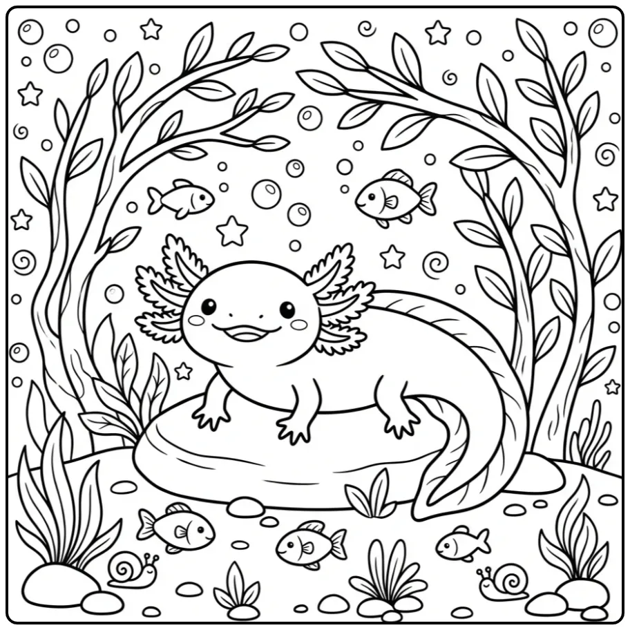 Vrolijke axolotl kleurplaat met visjes en slakken.