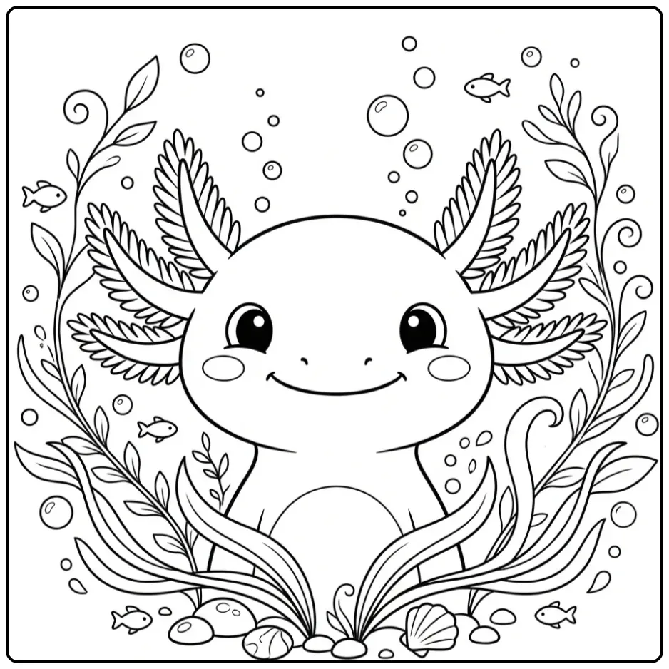 Close-up van een schattige axolotl kleurplaat in het water