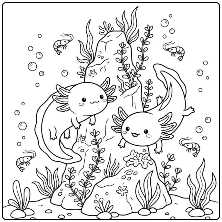 Leuke axolotl kleurplaat van twee vriendjes bij een rots.