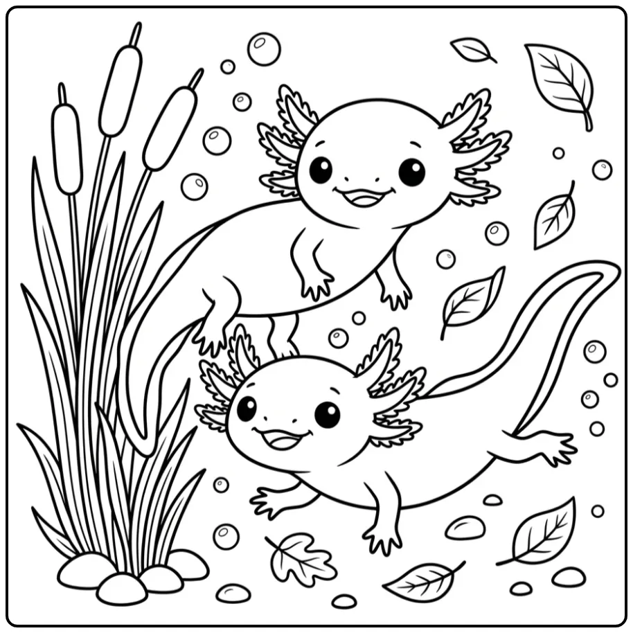 Leuke axolotl kleurplaat met riet en bubbels.