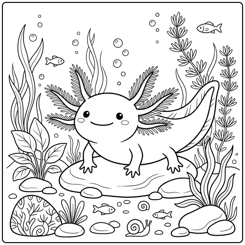 Lieve axolotl kleurplaat met zachte lijnen en bubbels.