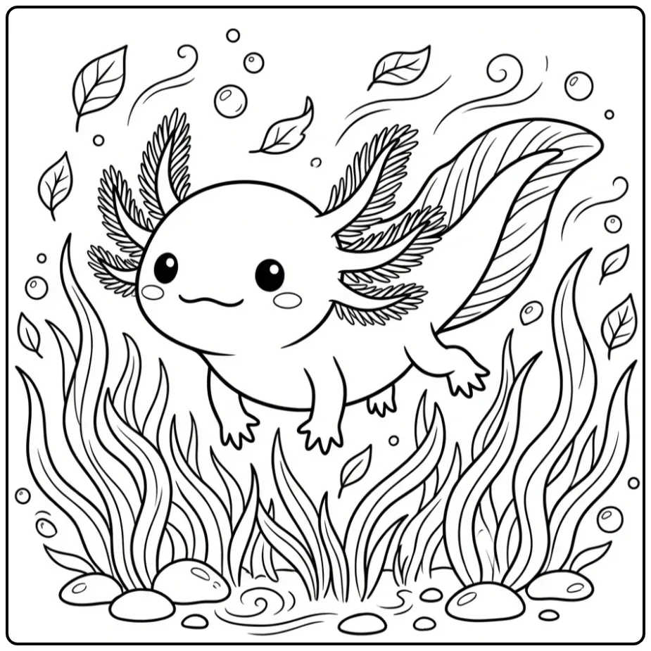 Zwemmende axolotl kleurplaat in een rustig meer