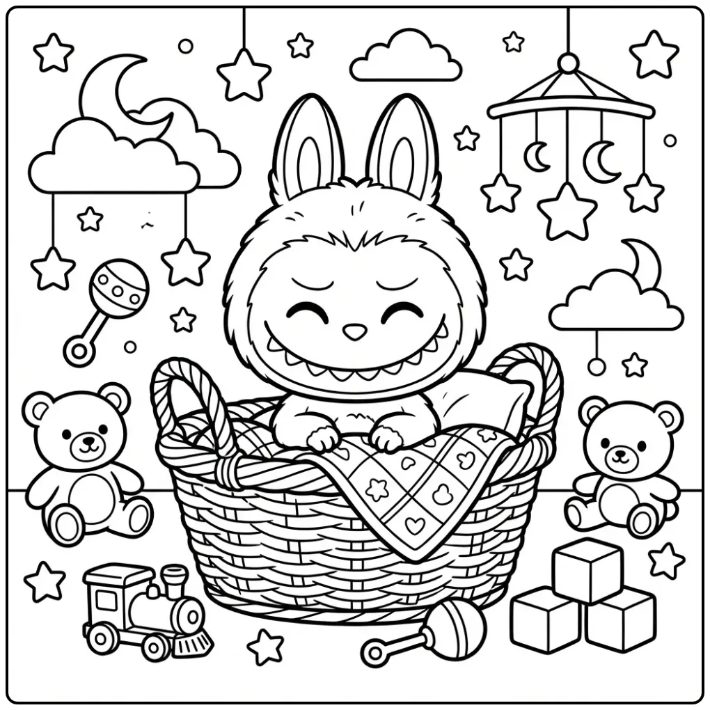 Lieve baby labubu kleurplaat zittend in een knus mandje.