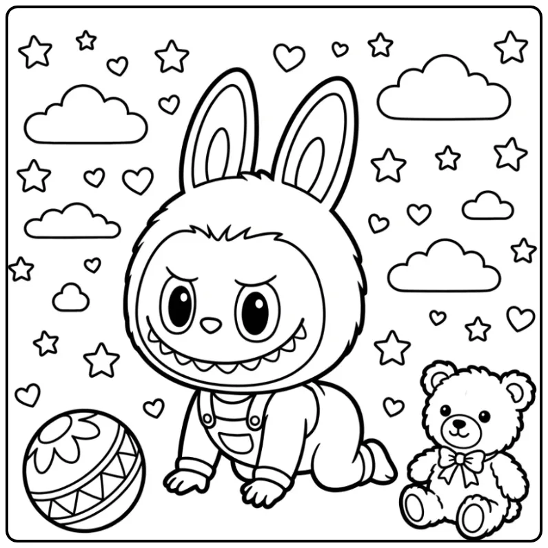 Kruipende baby labubu kleurplaat met speelgoed en sterren.
