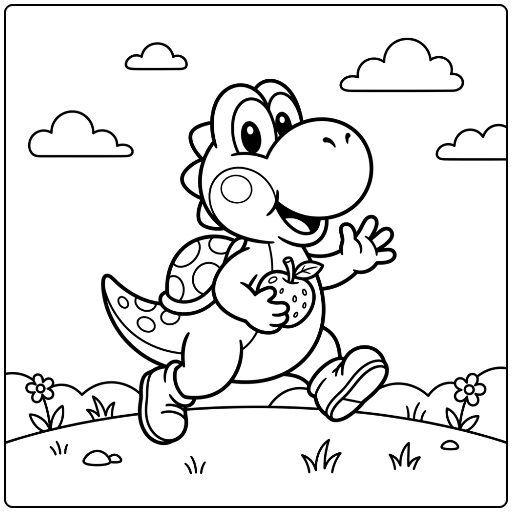 Lachende baby yoshi kleurplaat rent vrolijk met fruit onder wolken