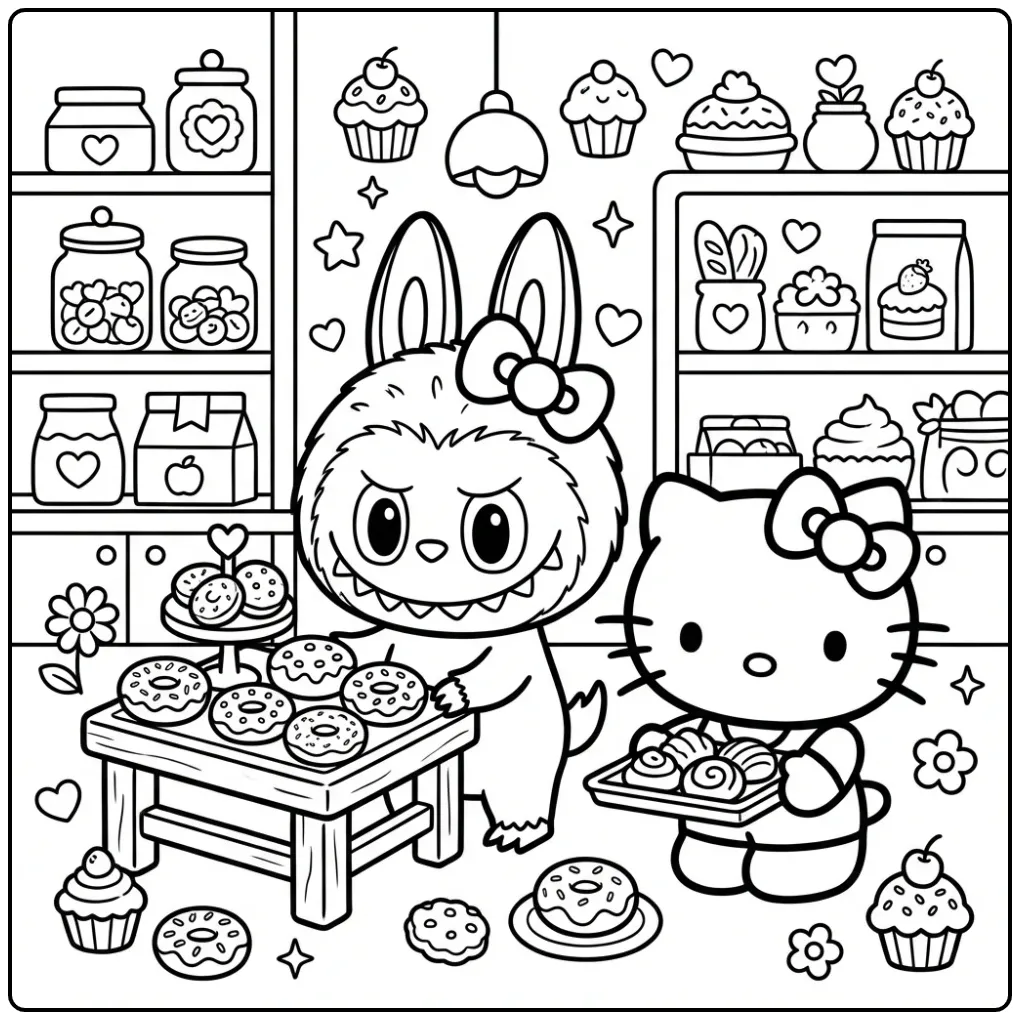 Leuke bakkerij scene als labubu hello kitty kleurplaat.