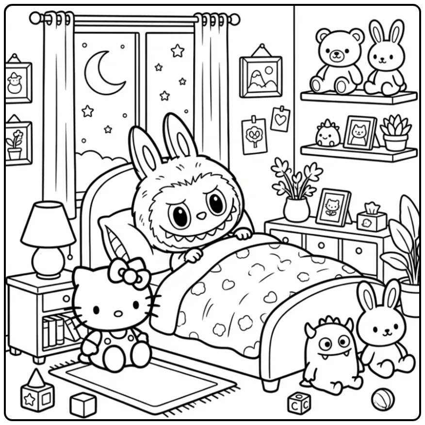 Leuke labubu hello kitty kleurplaat met boekjes en bed.