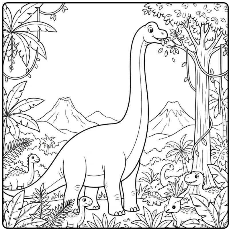 Leuke dino kleurplaat van een etende Brachiosaurus.