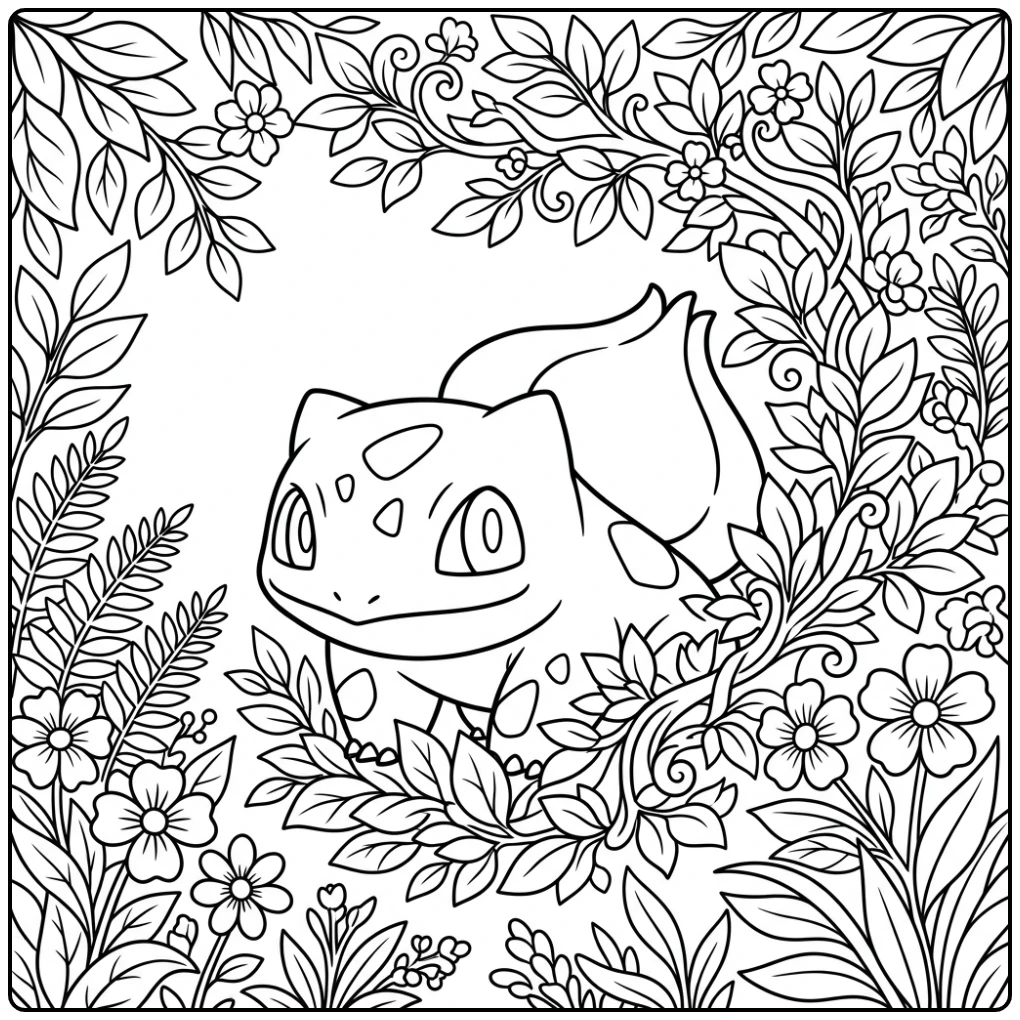 Leuke bulbasaur kleurplaat achter een struik met bloemen.