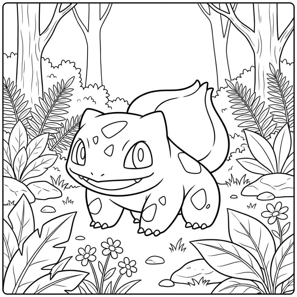 Vrolijke Bulbasaur kleurplaat in een open plek in het bos.