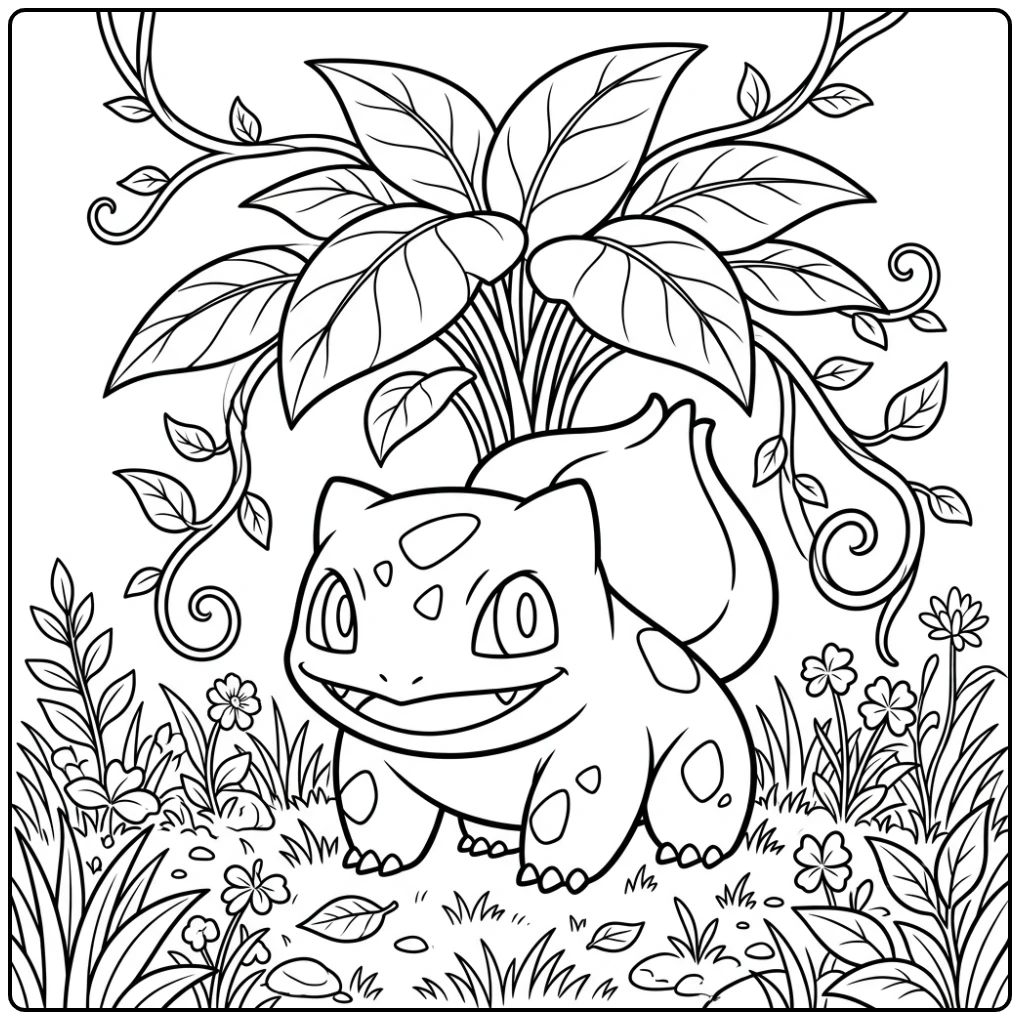 Vrolijke bulbasaur kleurplaat onder een grote bladplant.