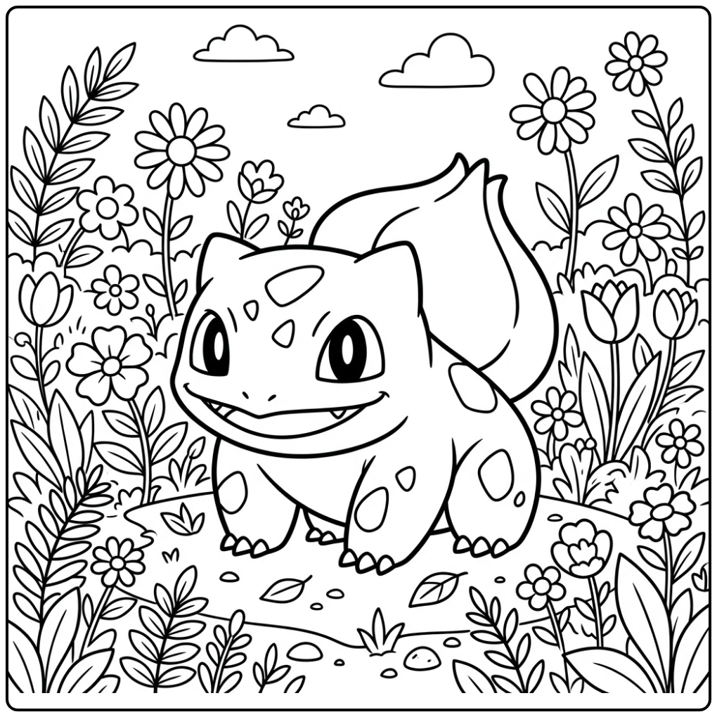 Vrolijke bulbasaur kleurplaat in een mooie bloementuin.