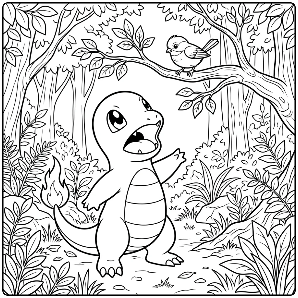 Verraste charmander kleurplaat met een klein vogeltje.