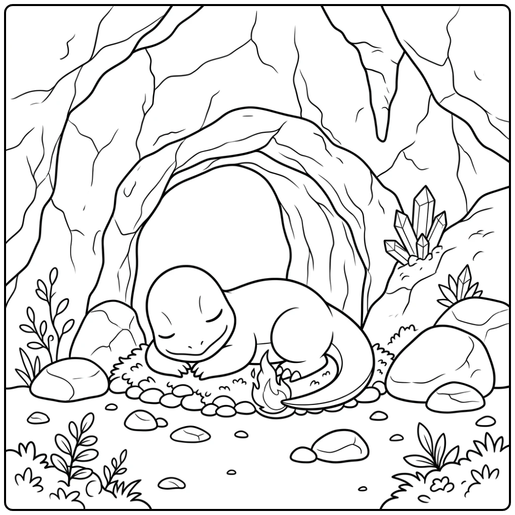 Rustende charmander kleurplaat bij een grot met kristallen.