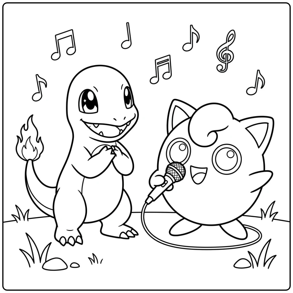 Vrolijke charmander kleurplaat met zingende Jigglypuff.