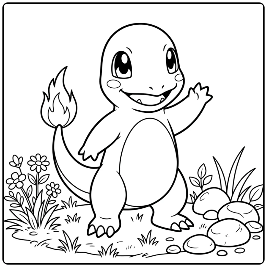 Vrolijke charmander kleurplaat met bloemen en stenen.